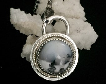 Dendrite Agate Pendant with Sterling Silver, black and white jewelry