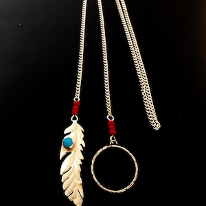 Lariat Necklace - Sterling Silver Feather with Sleeping Beauty Turquoise Gemstone
