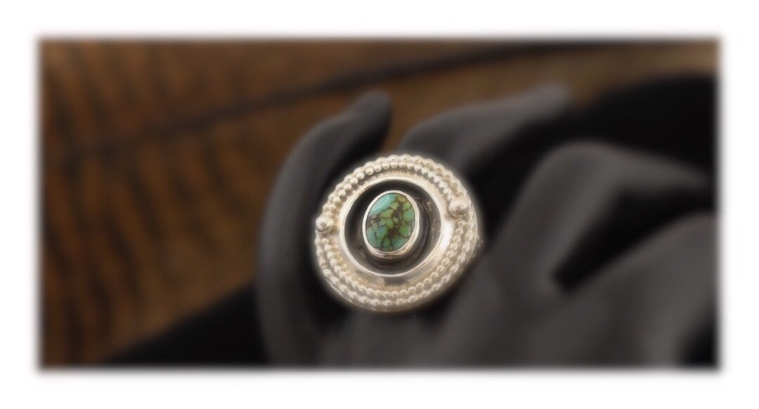 Sterling Silver Round Shadow Box Ring With Oval Number Eight Turquoise ...