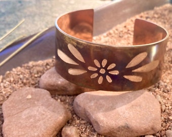 Flame Painted Copper Cuff Bracelet with Etching,  6” length , sz 6 - 6.5