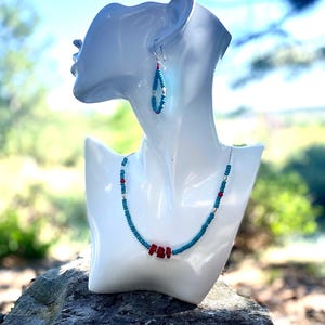 Liquid Silver Necklace Red and Turquoise Heishi Beads with Earrings