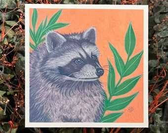 5x5 inch Purple Raccoon print, raccoon print, raccoon art, gift for animal lover, wall art