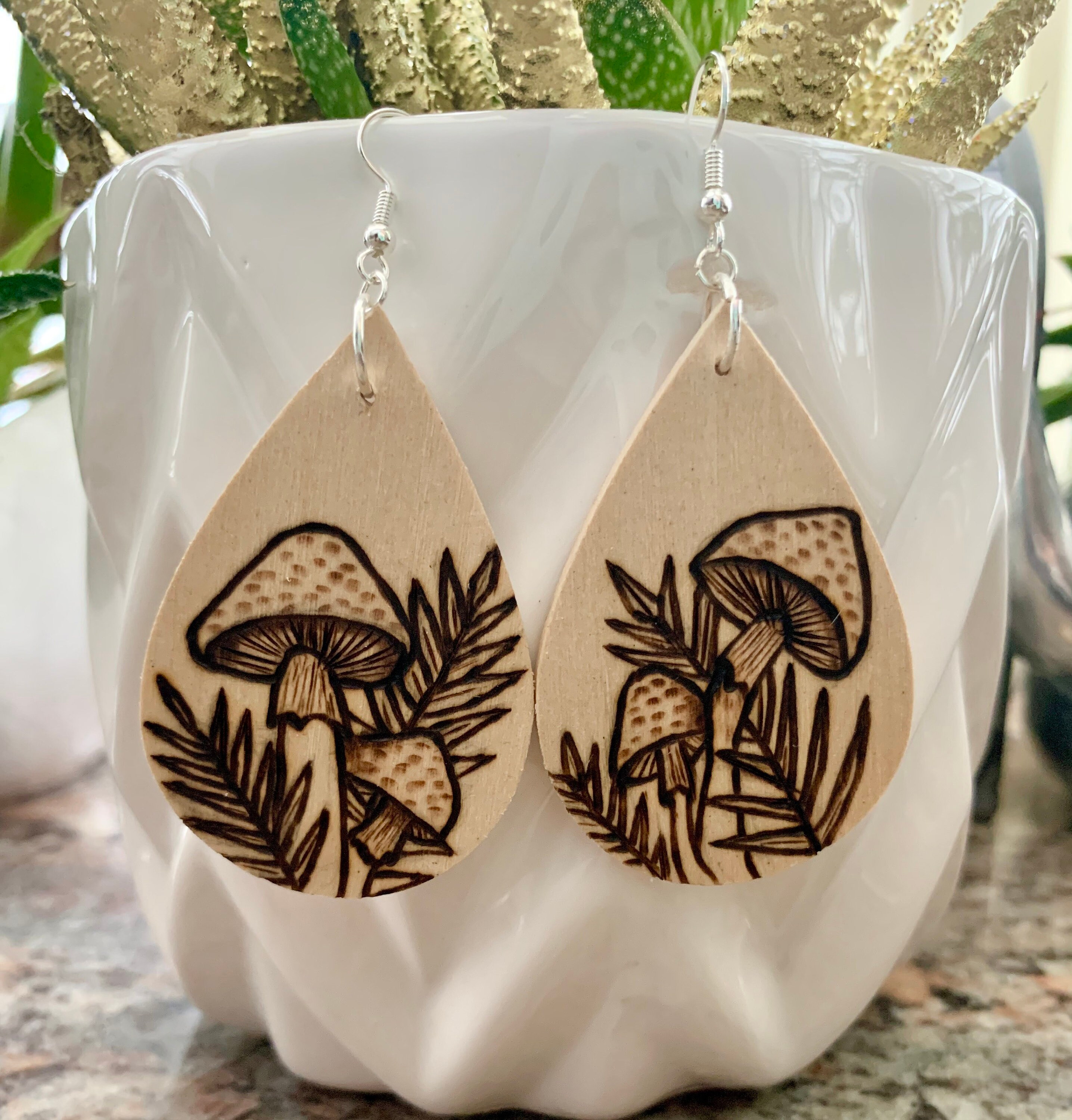 Wood burned earrings clearance