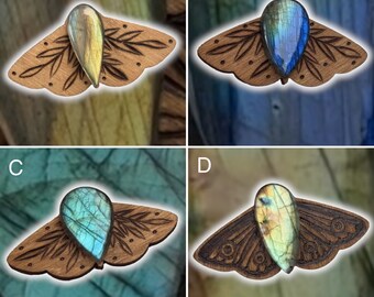 Woodburned moth pin with labradorite stone, moth, woodburned pin, moth pin, labradorite, insect pin