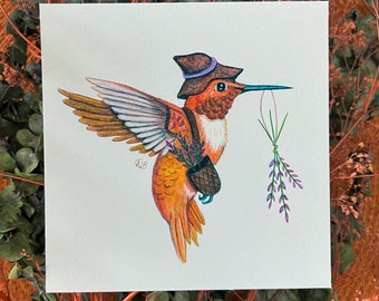 Rufous Hummingbird Print 5x5 inch, hummingbird art, art print, bird art, wall art, watercolor art, bird lover gift