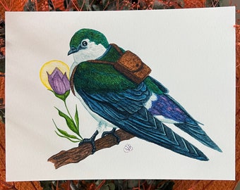 Violet-green swallow print 6x8 inches, whimsical art, bird art, swallow art, gifts for bird lovers, watercolor art, art print, wall art