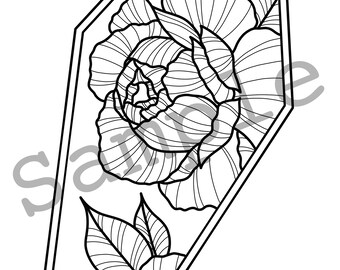 Printable Peony Coffin Coloring Page, coloring page, coloring book, coloring, floral, flower coloring page, coffin, floral coffin