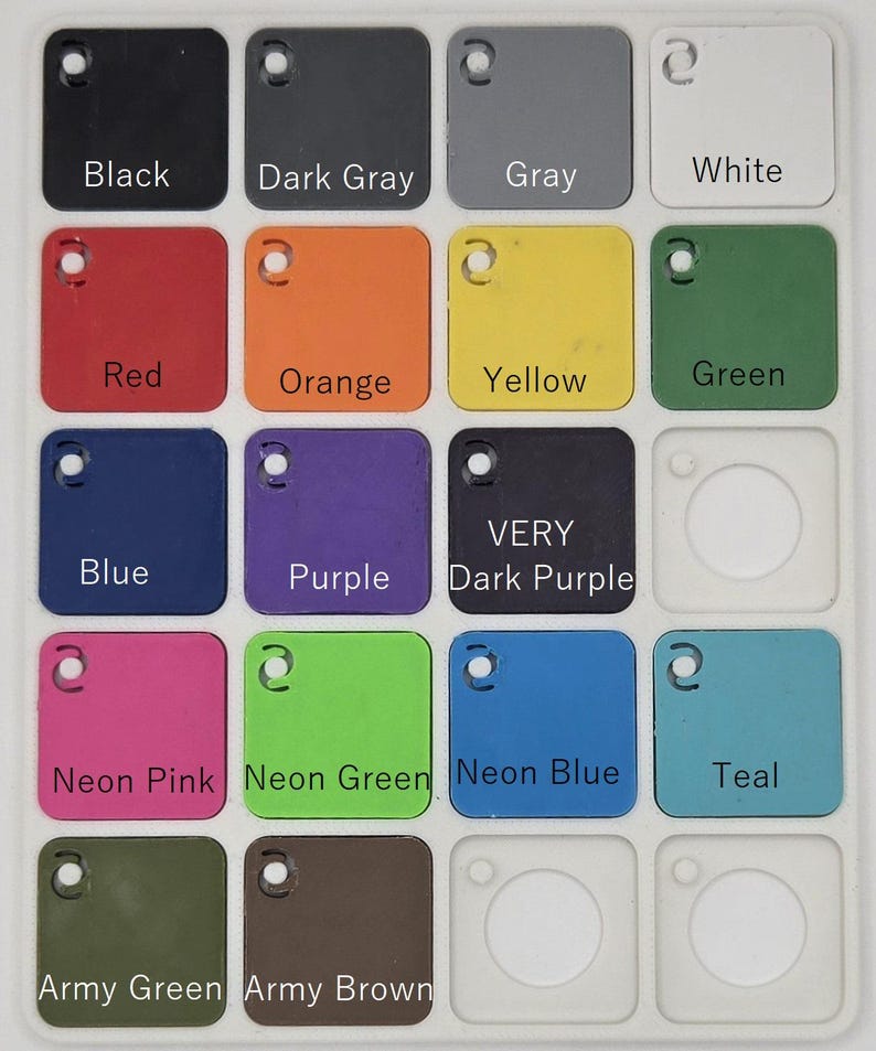 May include: A color chart with 15 different colors, including black, dark gray, gray, white, red, orange, yellow, green, blue, purple, dark purple, neon pink, neon green, neon blue, and teal. The chart also includes army green and army brown.