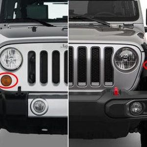 May include: A side-by-side comparison of the front ends of a Jeep Wrangler JK and a Jeep Wrangler JL. The JK has a rounder, more traditional design, while the JL has a more angular, modern design. Both vehicles are silver and have black bumpers.