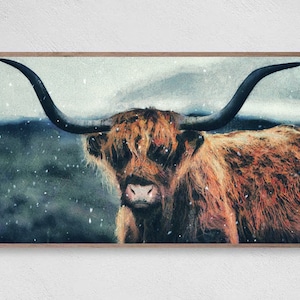 Samsung Frame TV Art Farmhouse, Country Highland Cow Art For Frame Tv, Highland Cow and Mountain Print Modern Home Artwork