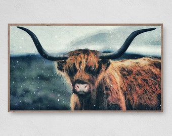 Samsung Frame TV Art Farmhouse, Country Highland Cow Art For Frame Tv, Highland Cow and Mountain Print Modern Home Artwork