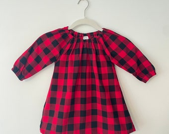 Buffalo check red and black blouse/dress for girls, Cotton red black blouse/dress, Little girl top, Peasant dress, Long sleeve blouse/dress