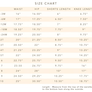 May include: Size chart for shorts with measurements in inches for waist, hip, shorts length, and knee length. The chart includes sizes from 0-3 months to 10 years.