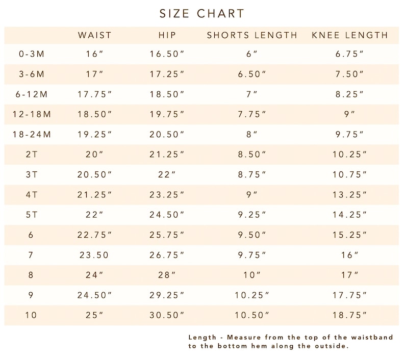 May include: Size chart for shorts with measurements in inches for waist, hip, shorts length, and knee length. The chart includes sizes from 0-3 months to 10 years.