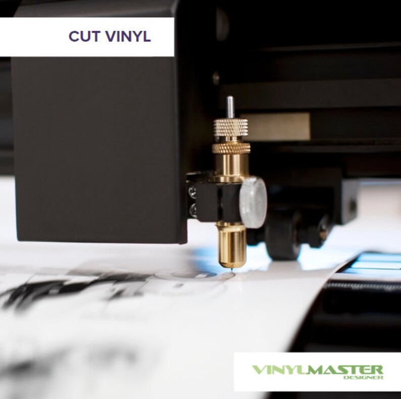 Puede incluir: Primer plano de una cortadora de vinilo cortando un dise&ntilde;o en una hoja de vinilo blanca. La cortadora tiene una cuchilla dorada y un cuerpo negro. El texto "CUT VINYL" es visible en la esquina superior izquierda de la imagen.