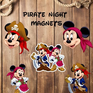May include: A set of five magnets featuring cartoon characters dressed as pirates. The magnets include individual headshots and full-body depictions of the characters wearing pirate hats, bandanas, and outfits. The text PIRATE NIGHT MAGNETS is visible.