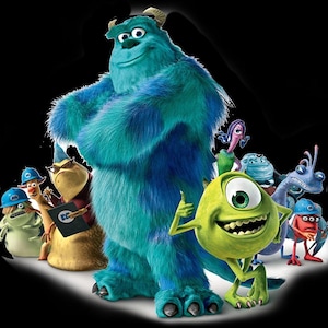 Könnte beinhalten: Eine Gruppe animierter Monster aus dem Film Die Monster AG. Das Bild zeigt ein großes, blaues, pelziges Monster mit Hörnern und ein grünes, einäugiges Monster, das den Daumen hochhält. Weitere farbenfrohe Monster sind ebenfalls vorhanden.