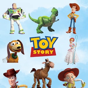 May include: A Toy Story collection graphic featuring Buzz Lightyear, Rex, Woody, Slinky Dog, Bo Peep, Bullseye, and Jessie. The image includes the Toy Story logo in blue and yellow text on a red background against a light blue sky backdrop.