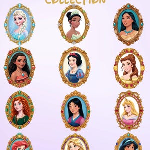 May include: A Princess Frame Sticker Collection featuring twelve oval-shaped stickers. Each sticker displays a different animated character portrait enclosed in an ornate, jewel-toned gold frame with various colored accents.
