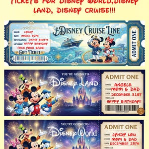 May include: Three rectangular gift tickets featuring Disney themes. The top ticket is for a Disney Cruise Line with Mickey and Minnie. The middle and bottom tickets are for Disney Land and Disney World, featuring Mickey, Minnie, Goofy, and Donald Duck.