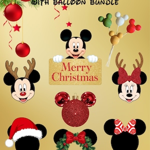 May include: A Christmas magnet collection with balloon bundle featuring Mickey and Minnie Mouse icons. Includes a Mickey holding a Merry Christmas sign, a red glitter ornament, a wreath, a Santa hat, and a balloon cluster in green, white, and red.