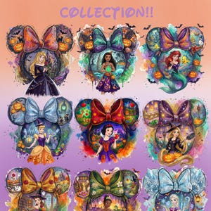 May include: A digital art collection titled PRINCESS & PUMPKINS COLLECTION!! featuring nine illustrations of characters framed within mouse-ear shapes. Each design incorporates bows, pumpkins, bats, and watercolor-style splashes in vibrant colors.