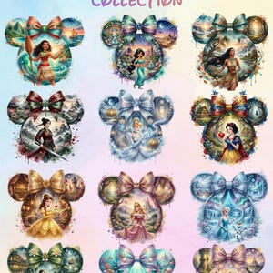 May include: A collection of twelve circular magnets shaped like mouse ears, each featuring a different princess illustration with a decorative bow on top. The text PRINCESS EAR MAGNET COLLECTION is printed at the top in a colorful gradient font.