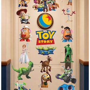 May include: A collection of Toy Story character wall decals featuring Woody, Buzz Lightyear, Jessie, Rex, Slinky Dog, Hamm, Mr. and Mrs. Potato Head, Forky, the Aliens, Bullseye, and the Toy Story logo with the iconic yellow, blue, and red ball.