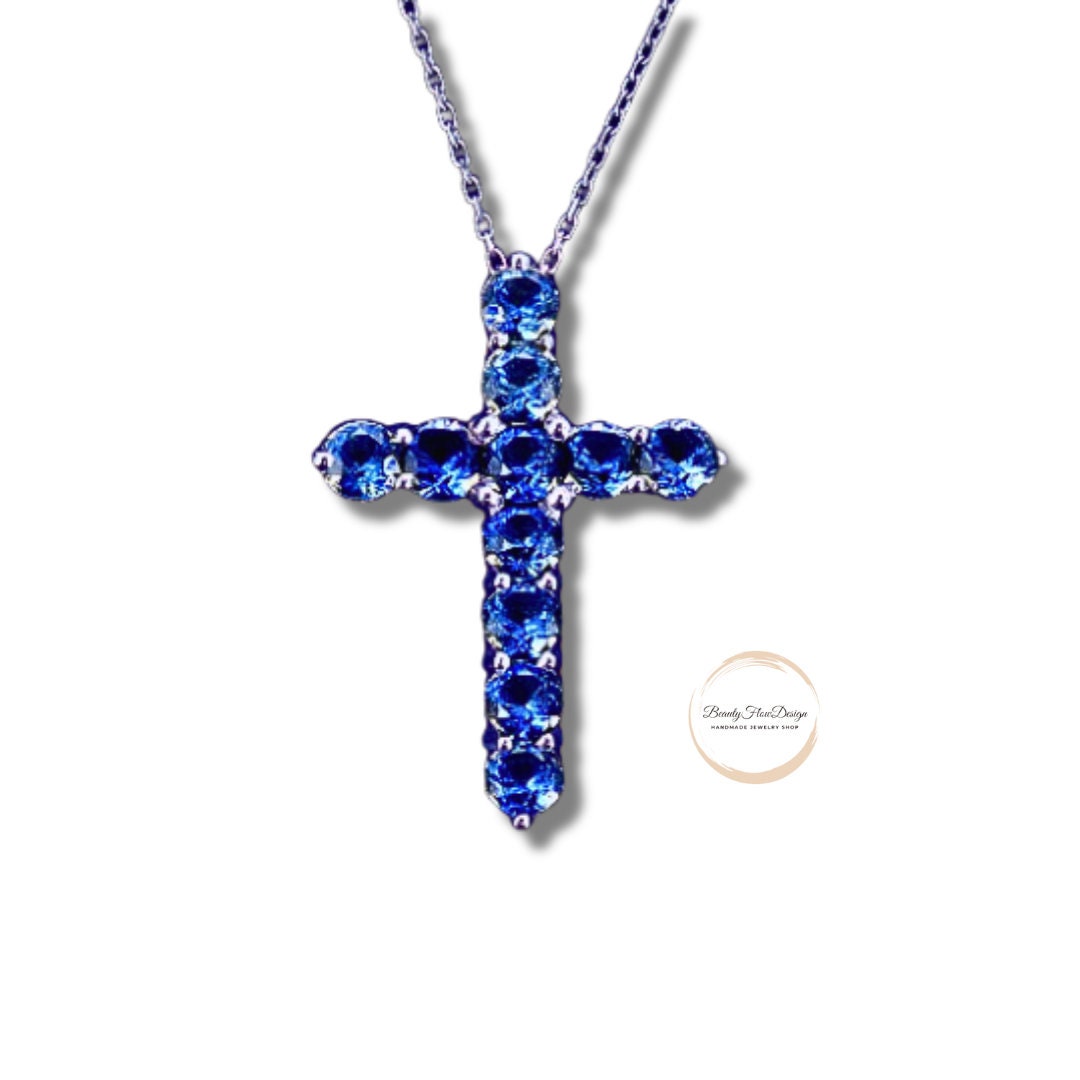 14K Gold Cross Pendant Blue Cross Pendant Sapphire Cross Etsy