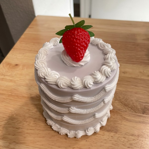 White Strawberry Cake Jewelry Box: Felt Lined Trinket Storage