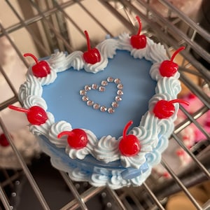 Light Blue Mini Cherry Heart Trinket Box: Faux Cake Jewelry Box