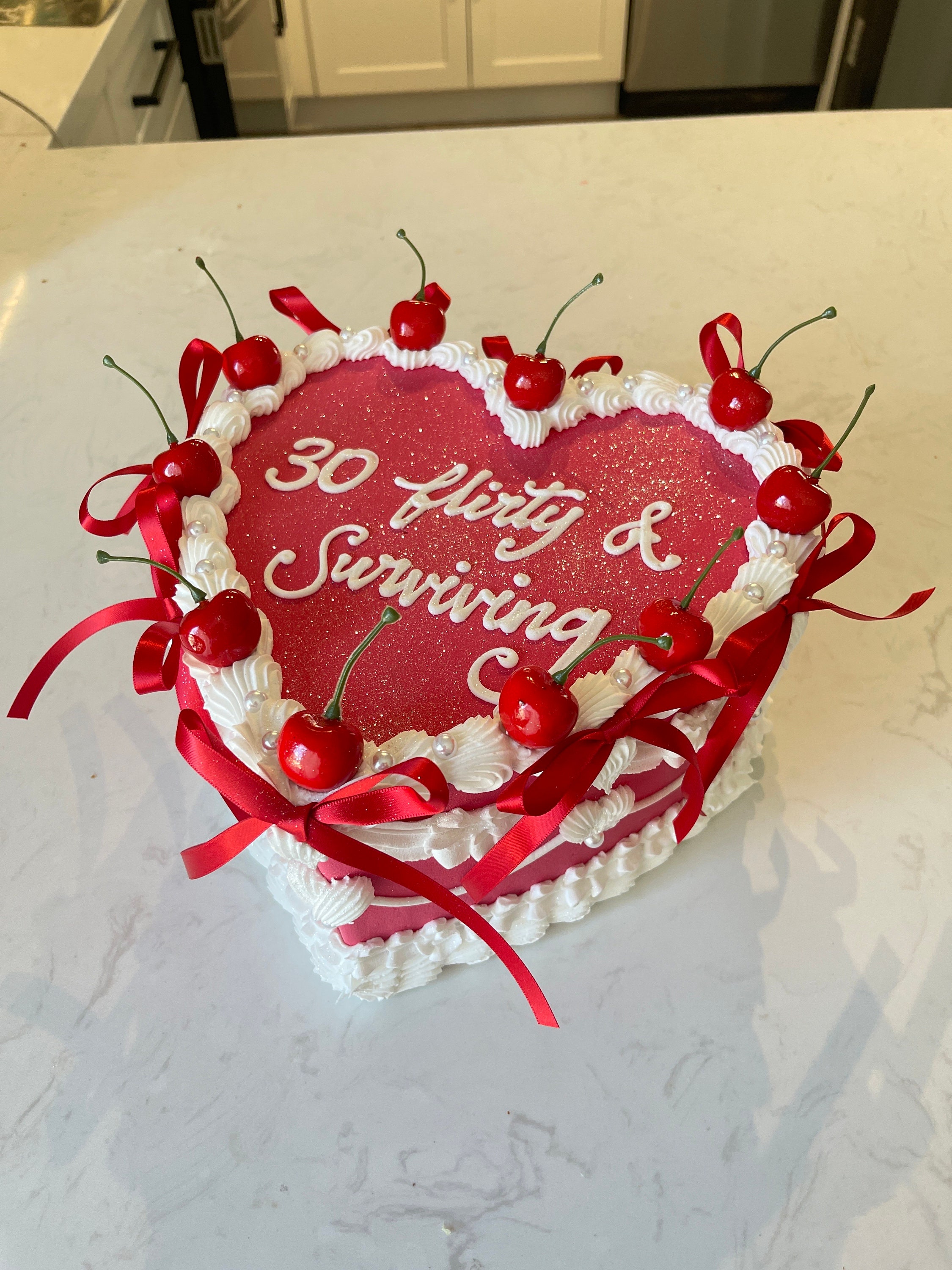 Coquette Heart Fake Cake: Bow & Cherry Decor