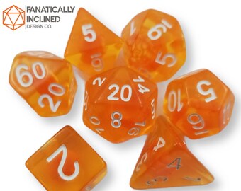 Orange Tangerine Filled Resin Dice Set DND Dungeons and Dragons Critical Role Pathfinder RPG TTRPG Industrial Machine Mech Warhammer