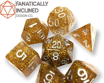 Gold Glitter 7pc Dice Set DND Dungeons and Dragons Critical Role Polyhedral Pathfinder RPG TTRPG Warhammer 40K White Ink