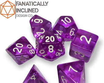 Purple Transparent 7pc Dice Set DND Dungeons and Dragons Critical Role Polyhedral Pathfinder RPG TTRPG Warhammer 40K White Ink