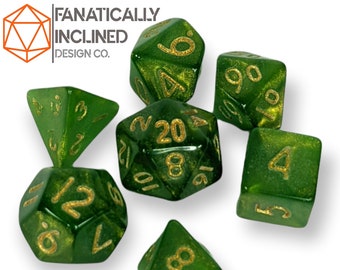 Mini 10mm Green Pearl 7pc Dice Set DND Dungeons and Dragons Critical Role Polyhedral Pathfinder RPG TTRPG Warhammer 40K Gold Ink