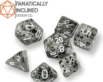 Mini 10mm Clear Glitter 7pc Dice Set DND Dungeons and Dragons Critical Role Polyhedral Pathfinder RPG TTRPG Warhammer 40K White Ink