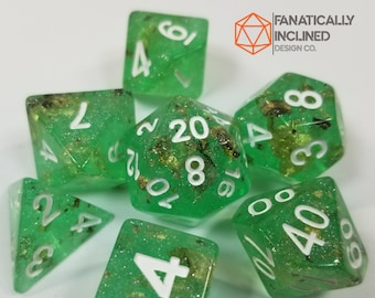 Green Gold Foil Resin Glitter Dice Set DND Pride Dungeons and Dragons Critical Role Polyhedral Pathfinder RPG TTRPG Shiny