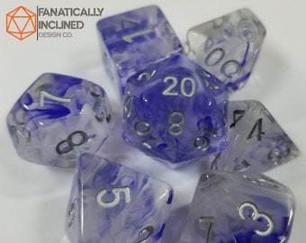 Blue White Swirl Smoke Resin Dice Set DND Dungeons and Dragons Critical Role Polyhedral Pathfinder RPG TTRPG Clear Indigo Purple