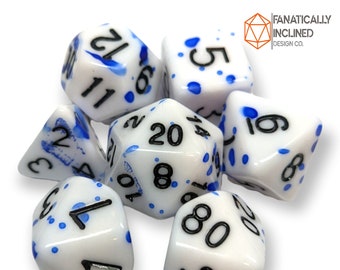 Blue White Blood Splatter 7pc Dice Set DND Dungeons and Dragons Critical Role Polyhedral Pathfinder RPG TTRPG Warhammer 40K Black Ink