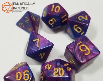 Blue and Purple w/Gold Pearl Dice DND Dungeons and Dragons D20 Critical Role Polyhedral Violet Cobalt RPG Tabletop Gaming TTRPG Transformer