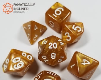 Caramel Pearlescent Dice DND Dungeons and Dragons D20 Critical Role Polyhedral Pathfinder RPG Tabletop Gaming TTRPG Brown Gold Butterscotch