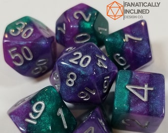 Purple Green Violet Resin Glitter Dice Set DND Pride Dungeons and Dragons Critical Role Polyhedral Pathfinder RPG TTRPG