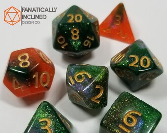 Orange Green Gold Nebula Dice Set DND Dungeons and Dragons Critical Role Polyhedral Pathfinder Tabletop Gaming TTRPG blood galaxy sparkle