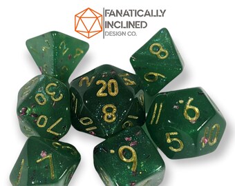 Mini 10mm Green Glitter 7pc Dice Set DND Dungeons and Dragons Critical Role Polyhedral Pathfinder RPG TTRPG Warhammer 40K Gold Ink