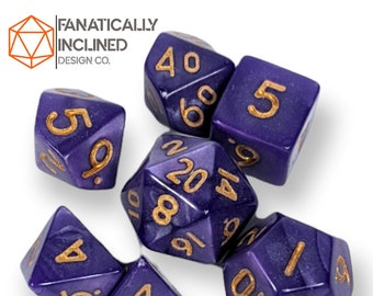 Mini 10mm Purple Flayers Heart 7pc Dice Set DND Dungeons and Dragons Critical Role Polyhedral Pathfinder RPG TTRPG Warhammer 40K Gold Ink