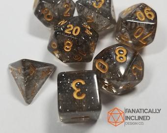 Smoke and Gold Glitter Dice Set DND Dungeons and Dragons D20 Critical Role Polyhedral Pathfinder RPG Tabletop Gaming TTRPG Carnival Metallic