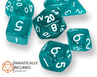 Mini 10mm Teal Glitter 7pc Dice Set DND Dungeons and Dragons Critical Role Polyhedral Pathfinder RPG TTRPG Warhammer 40K White Ink