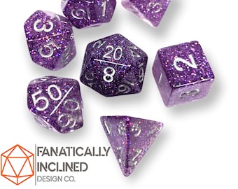 Magenta Purple Glitter 7pc Dice Set DND Dungeons and Dragons Critical Role Polyhedral Pathfinder RPG TTRPG Warhammer 40K Silver Ink