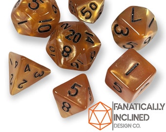 Mini 10mm Orange Brown Pearl 7pc Dice Set DND Dungeons and Dragons Critical Role Polyhedral Pathfinder RPG TTRPG Warhammer 40K Black Ink